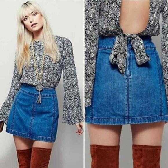 Free People Denim Mini Skirt Zip to It High Rise 100% Cotton Blue A-line Size 2 - Picture 1 of 7